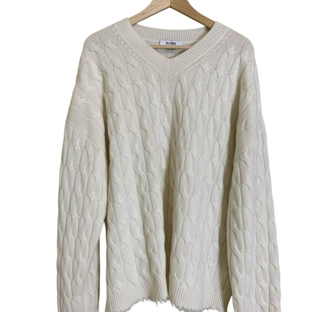 Re/Done‎ 100% Cashmere Sweater Size Large Women's Lattice Cable V-Neck Cream